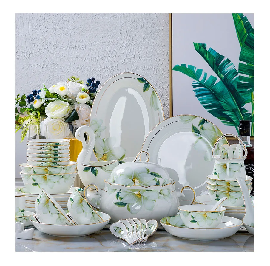 

Wholesale 60pcs European-style tableware set home hotel ceramic bowl soup noodle bowl dish plate dinnerware set, As the photos