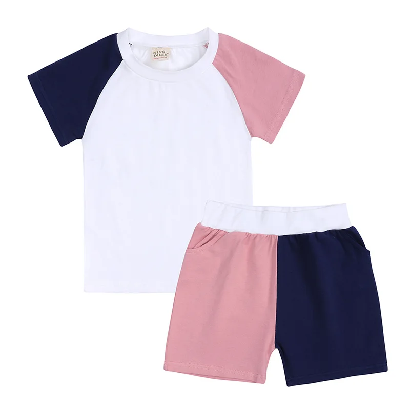 

2021 summer new children's suit men's and women's color contrast Raglan short sleeve T-shirt shorts two piece set