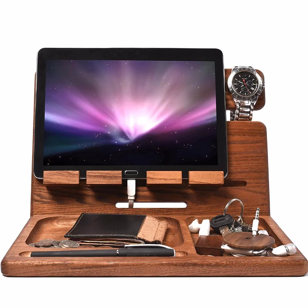 Men Wireless Device Dock Organizer Wood Mobile Base Nightstand Wooden