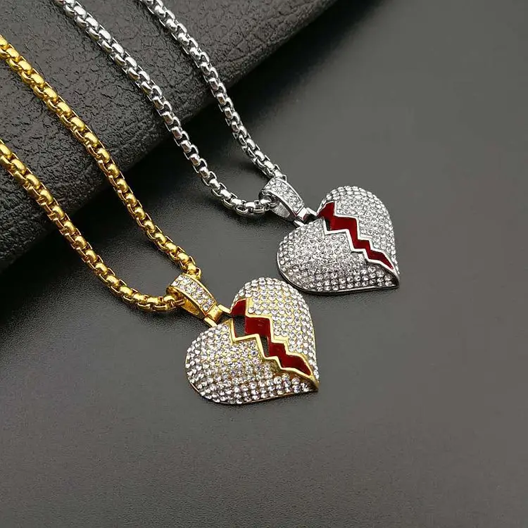 

Jachon Fashion Iced Out Drip Broken Heart Pendant Stainless steel gold plating Heart Pendant Necklace Diamond necklace Jewelry, As picture