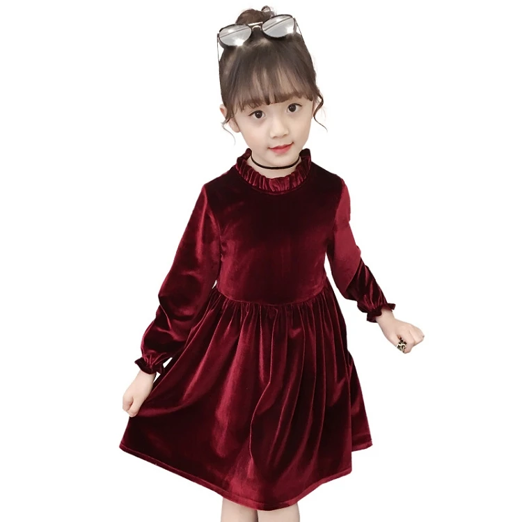 

M1405 Autumn Spring Gold Velvet Vintage Long-Sleeved Dress Frock Kids Girls Dresses, Picture shows