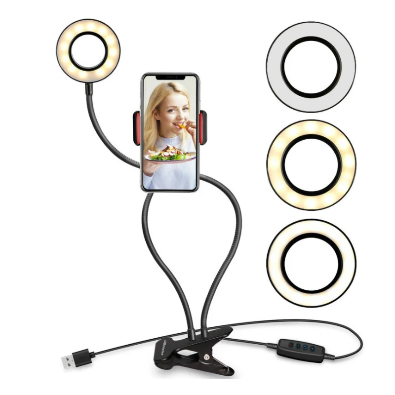 
dimmable live broadcast flexible clip phone holder selfie led selfie ring light  (1600066688619)