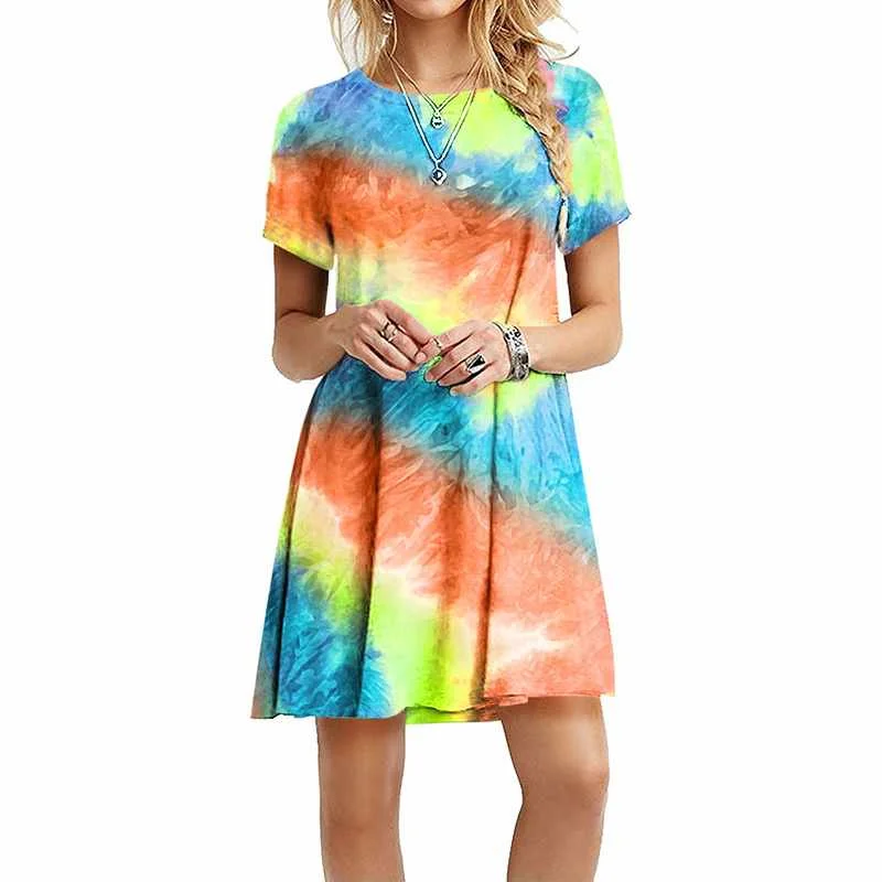 

Summer Ladies Dress for Women Print Short Sleeves Printed Tie Dye Womens T Shirt Lady Casual Dresses