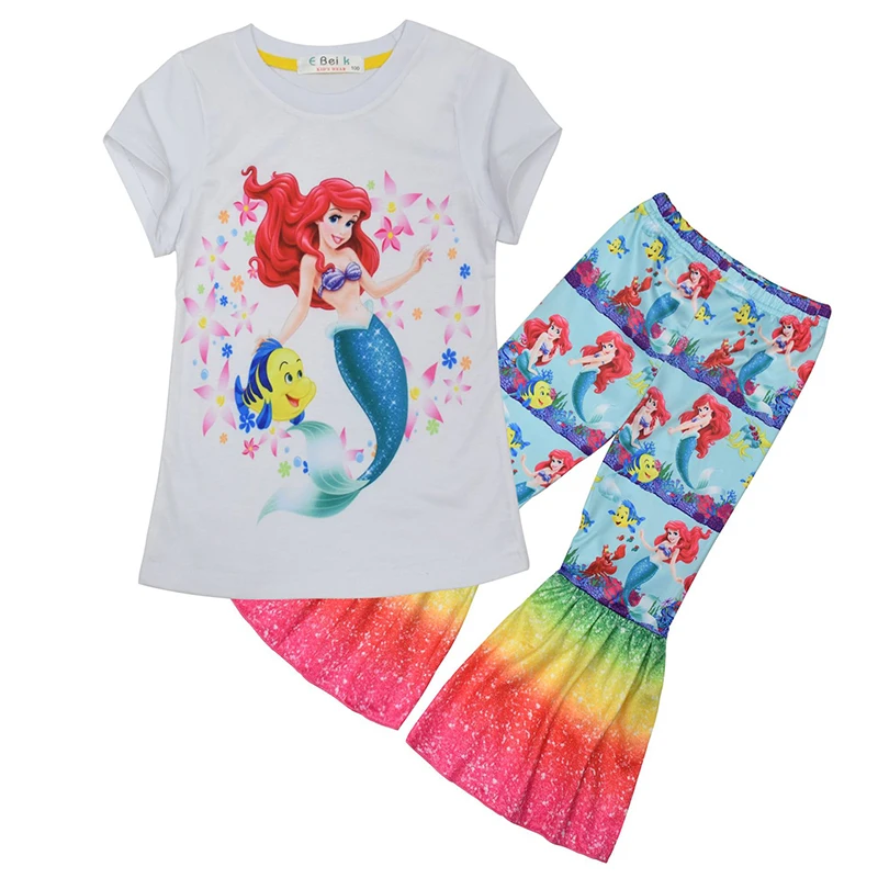 

Wholesale mermaid print short sleeve bell bottom capris pant little girls clothing sets, As picture show