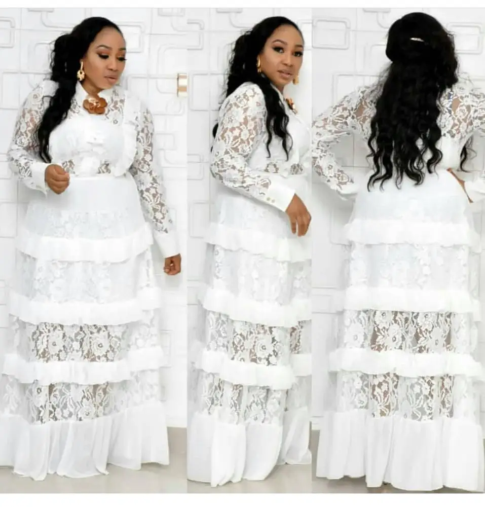 

A6408 Women African Lace White Dress Ruffle Turn-down Collar Long Sleeve Splicing Multi-layer Cake Red Dress With Brooch Dress, White, light blue, beige, pink, red, black