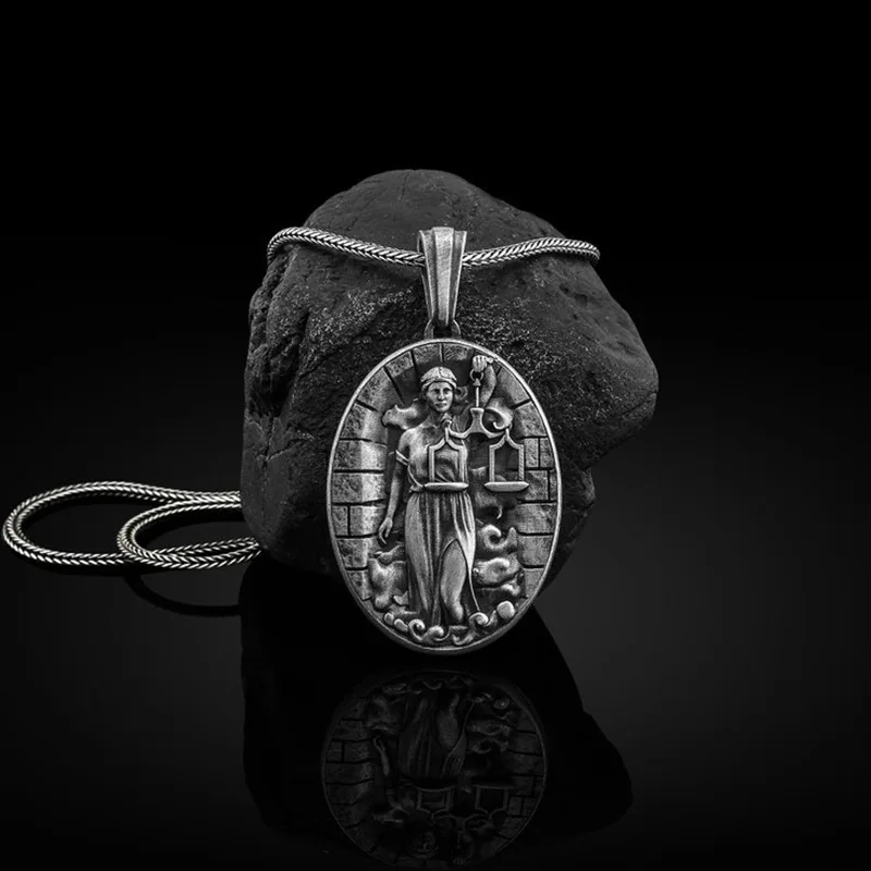 

Vintage Goddess Of Themis Pendant Necklaces Black Non Fading Titanium Steel Themis Goddess Portrait Retro Necklace For Men