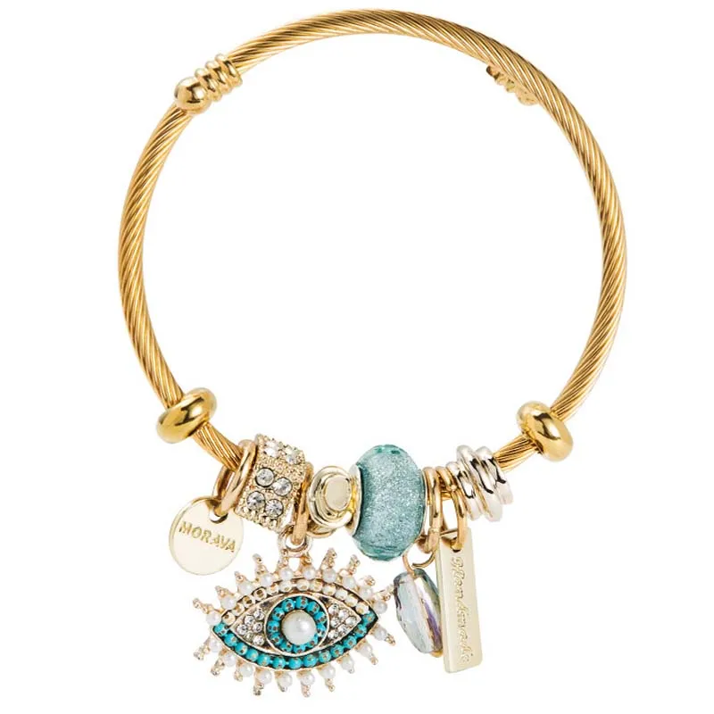 

Ins Designer Gold Filled Crystal Ball Stainless Steel Bangle Bracelet Bling Rhinestone Crystal Eyes Charm Bracelet DIY Jewelry, Rose gold
