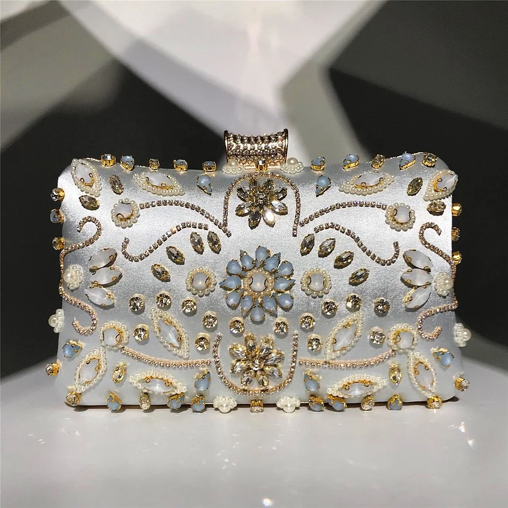 

2021 Fancy Beading Embroidery party Eveing Bag Satin Crystal Beads Wedding Clutch Purse