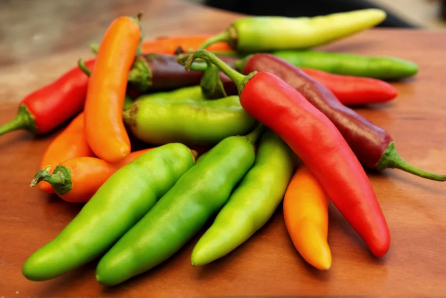 Close-up view of various fresh chili pods showing different colors and shapes on wooden cutting board