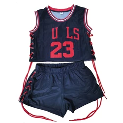 Custom Team Fashion Women Basketball Uniform Dress Cheerleading Two Piece Set Crop Tank Top And Biker Shorts Set