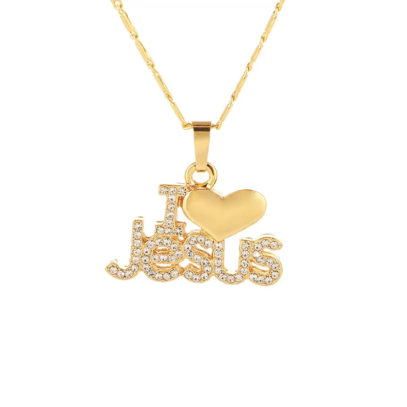 

Wish Hot Sale Jesus Letter Heart Pendant Necklace Charm Crystal Letter Pendant Necklace Jewelry For Women And Men, Gold