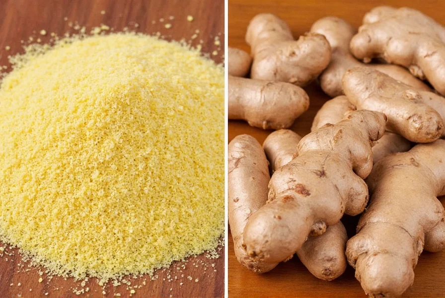 Fresh ginger root with peeled and unpeeled sections showing fibrous texture and golden yellow color