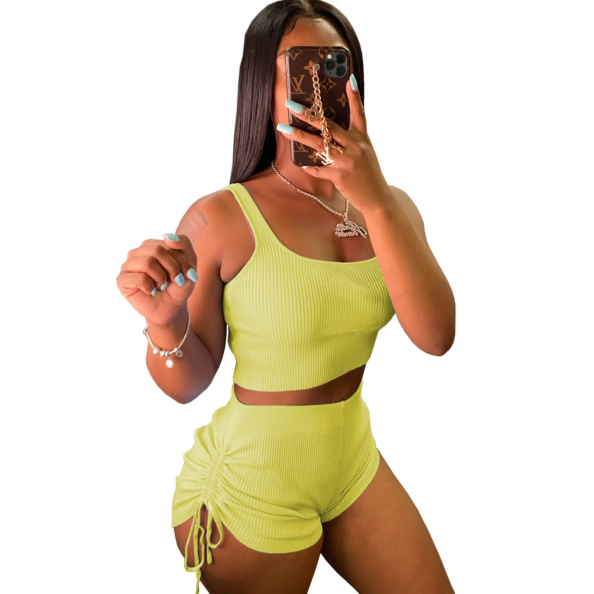 

Women clothing 2021 summer Eight colors summer rib knit tank top 2 piece shorts set women clothing, Picture shows