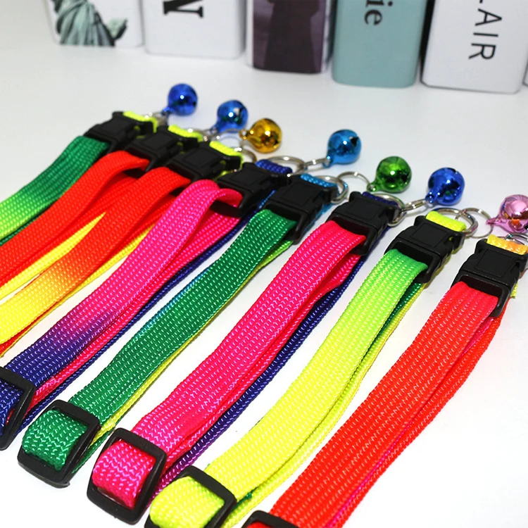 

Manufacturer Wholesale Colorful Print Adjustable Nylon Cat Dog Collar With Bell, Rainbow colors