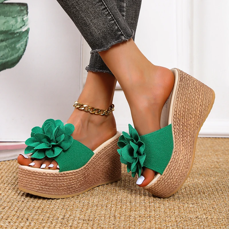 

platform slippers Summer new fashion flower twine sponge cake slope with high heel casual women's large size beach sandals