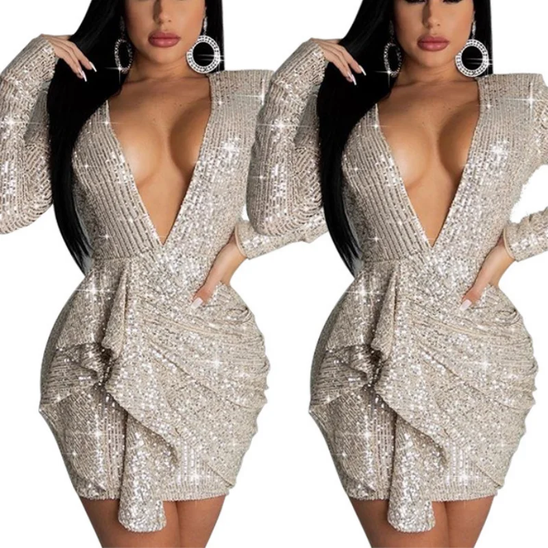 

Hot Sale Shiny Sexy Dress V neck Shine Vestidos De Fiesta Mujer Evening Bodycon Evening Dress For Women Party Dress