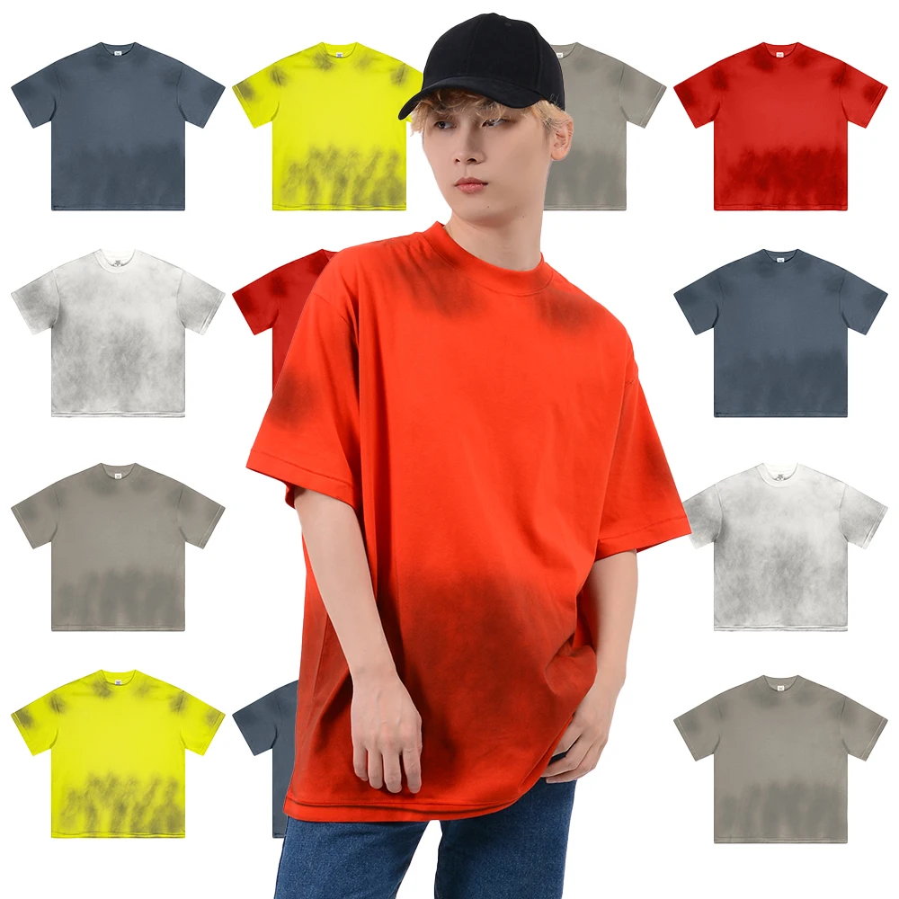Vintage Knitted Cotton Crew Neck T-Shirt 230 GSM Loose Fit Breathable Stone Washed Spray-Painted Men's Wholesale