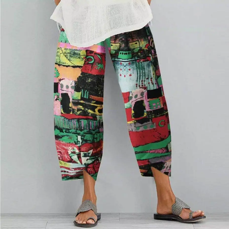

Retro Printed Women's Fashion Loose Pocket Pants Lrregular Rendering Leaf Printing