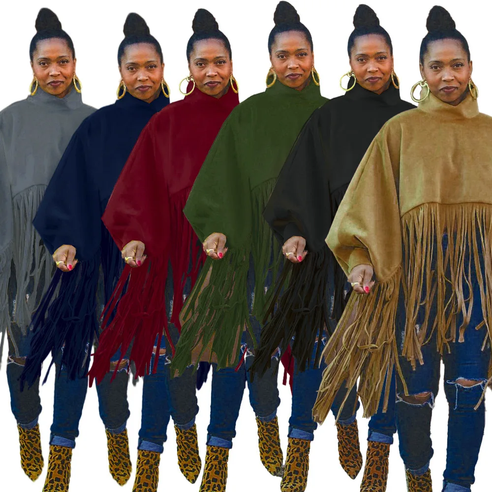 

S-5xl Streetwear Tassel Fringe Tops Women Long Sleeve Cape Shawl Diagonal Poncho Turtleneck Pullover Soft Women's Cloak