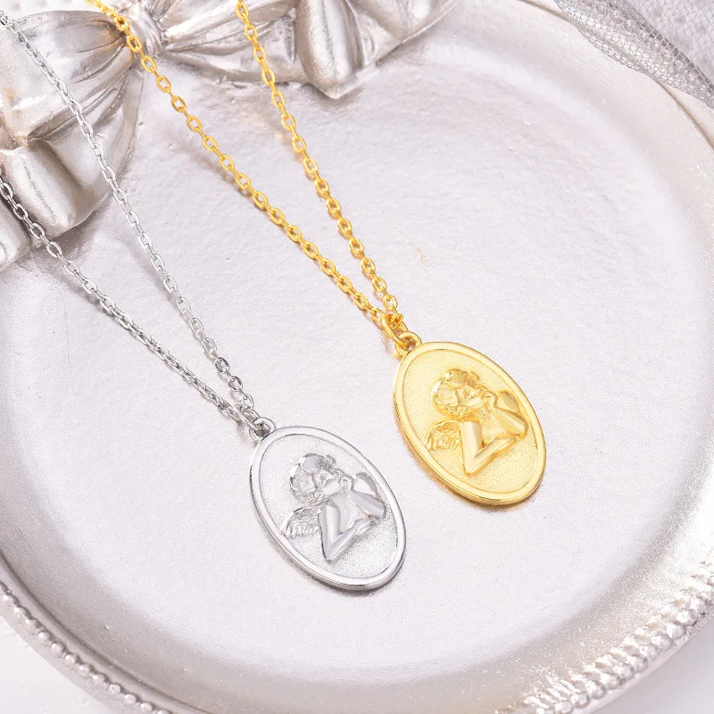 

18k Gold-plated Chain Necklace S925 Sterling Silver Little Angel Pendant Necklace Religious gold coin necklace, Picture