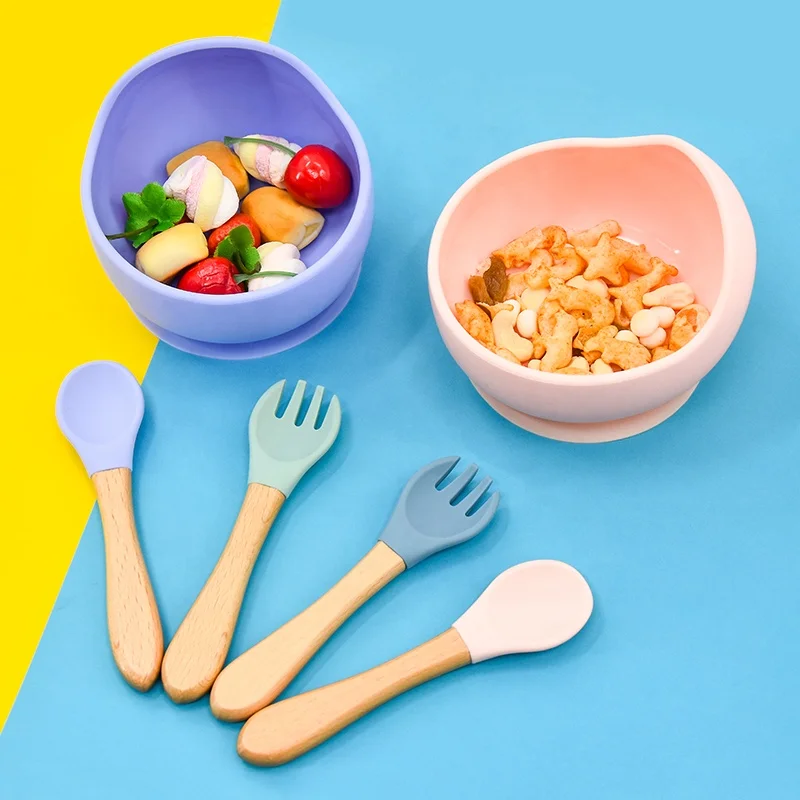 

unspillable baby bowl kids dining silicon dinnerware wooden spoon fork set suction silicone bib spoon bowl baby