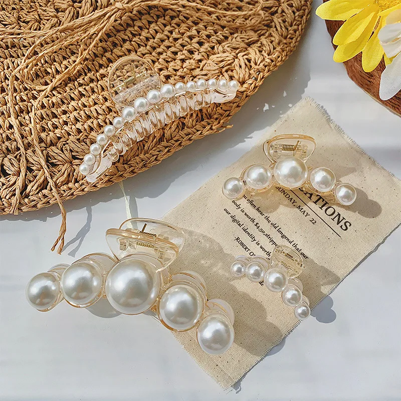 Wholesale New Women Fashion Transparent Pearl Large Acrylic Claw Clip Simple Geometry Big Medium Small Mini Pearl Hair Claw