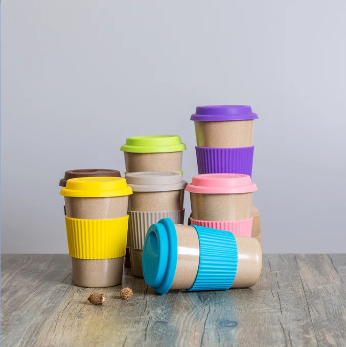 

China Custom logo biodegradable reusable wheat fiber rice husk mug wholesale coffee cup 450ml with silicone lid and sleeve