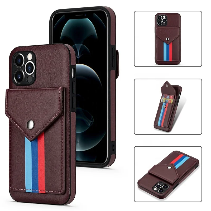 

Business Anti Shock Mobile Cover Leather Credit Card Slot Cellphone Case With Wrist Strap For iPhone 12 Pro Max, Multi colors