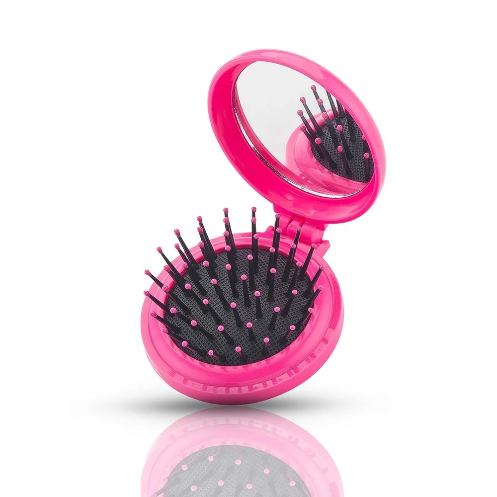 

Wholesale ABS small travel plastic foldable custom logo detangling comb with mirror, Rose red