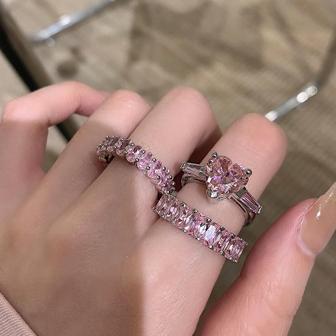 

INS Pink Diamond Wedding Rings Jewelry Women Luxury Princess Heart Geometric Zircon Ring Wedding Valentine's Day Gift Jewelry