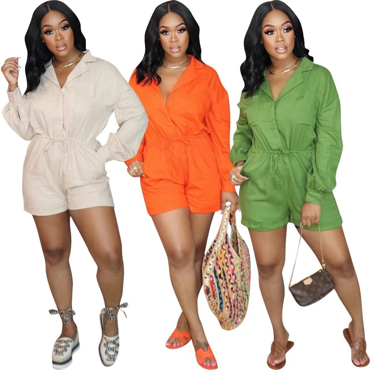 

DUODUOCOLOR New product solid color fashion leisure bandageone piece jumpsuit for women sexy womens playsuit 2021 autumn D10178, Green, orange, beige