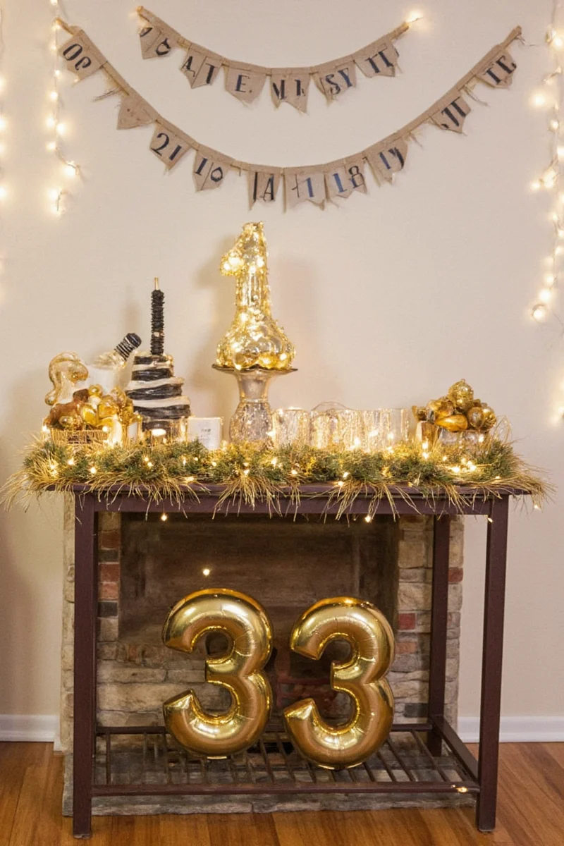 Glittery countdown balloons hanging above a fireplace