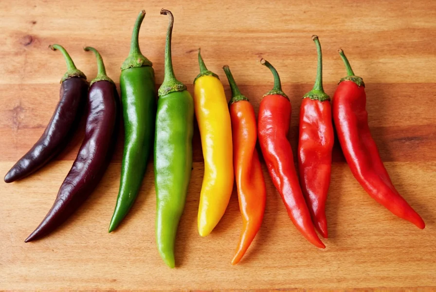 Harvested Don't Forget Me chili peppers arranged by color progression from purple to red on wooden cutting board