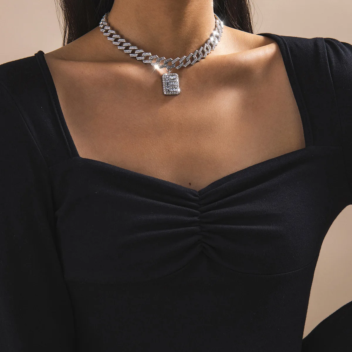 

Hip Hop Jewelry Choker Gold Silver Color Rhinestone Bling Cuban Link Chain E Shaped Pendant Necklace For Women, Gold sliver