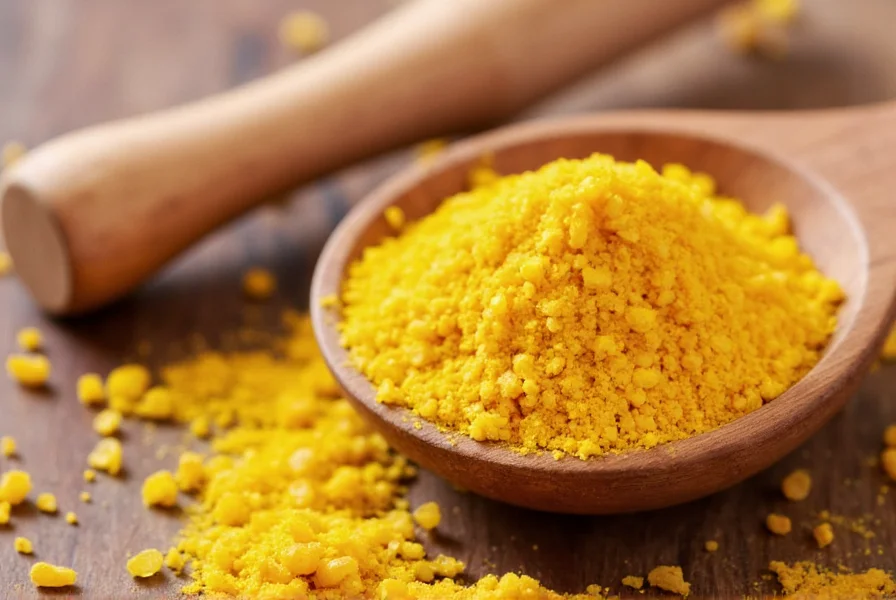 Close-up photograph of asafoetida resin tears next to powdered form on wooden spoon