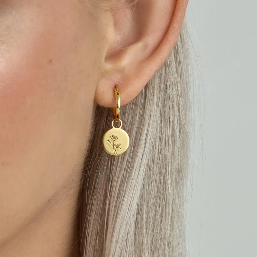 

R.Gem. Minimalist Dainty Gold Plated Hoop Birth Month Flower Earrings For Women