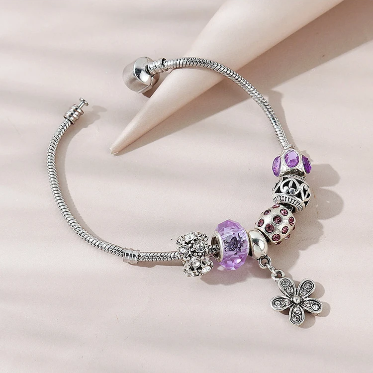

Luxury Color CZ Zirconia Flower Charm Bracelet Rhinestone Purple Glass Bead Charm Bracelet For Women Party, Picture color