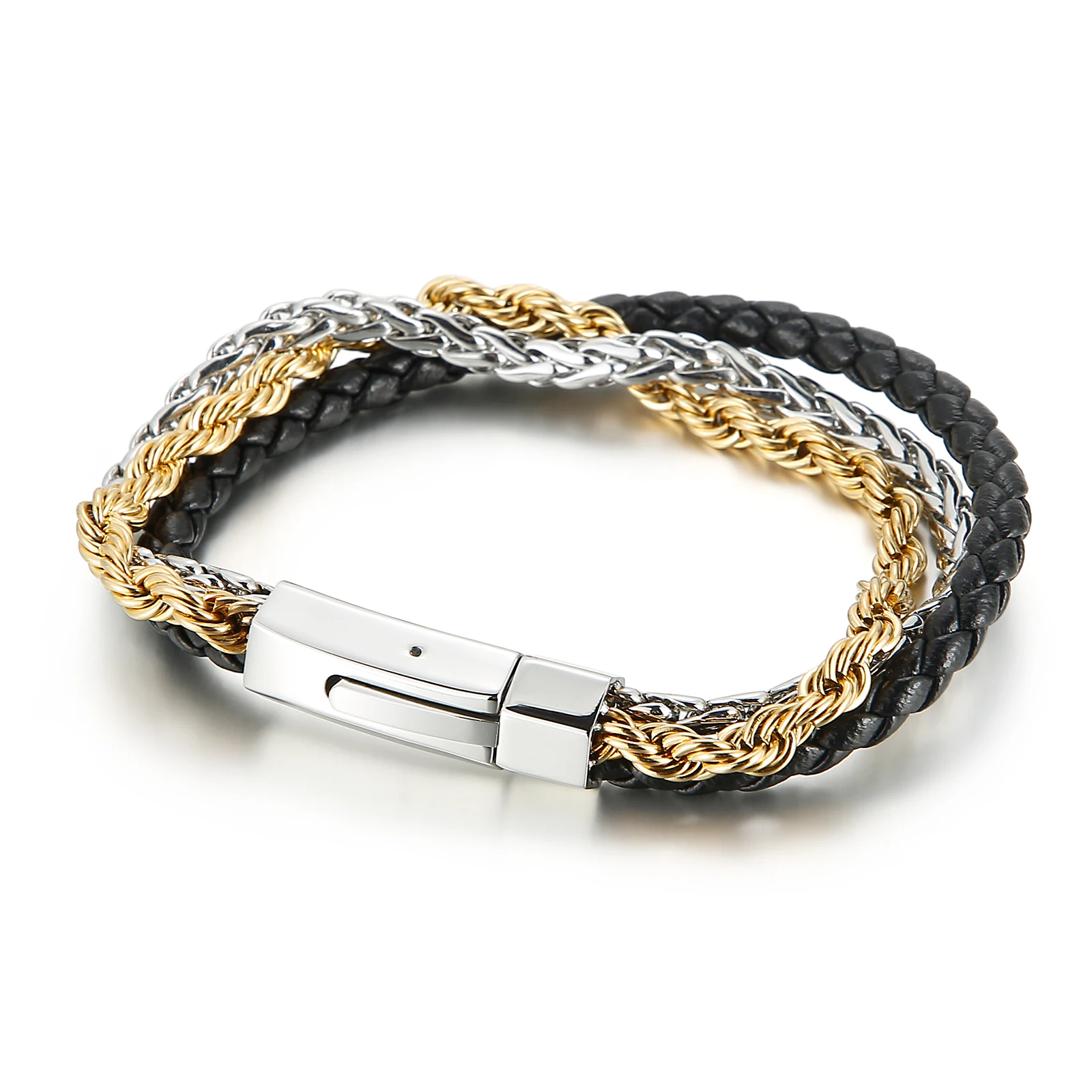 

KALEN Personality fashion tricolor bracelet cowhide braided leather jewelry bracelet, Black/gold/steel