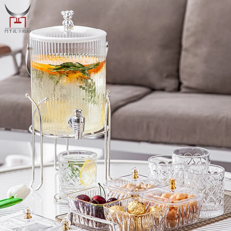 3.5L Ribbed Design Commercial Dessert Dishes Beverage Dispenser Set For Cocktails Juice Lemonade Punch With Stand And Faucet