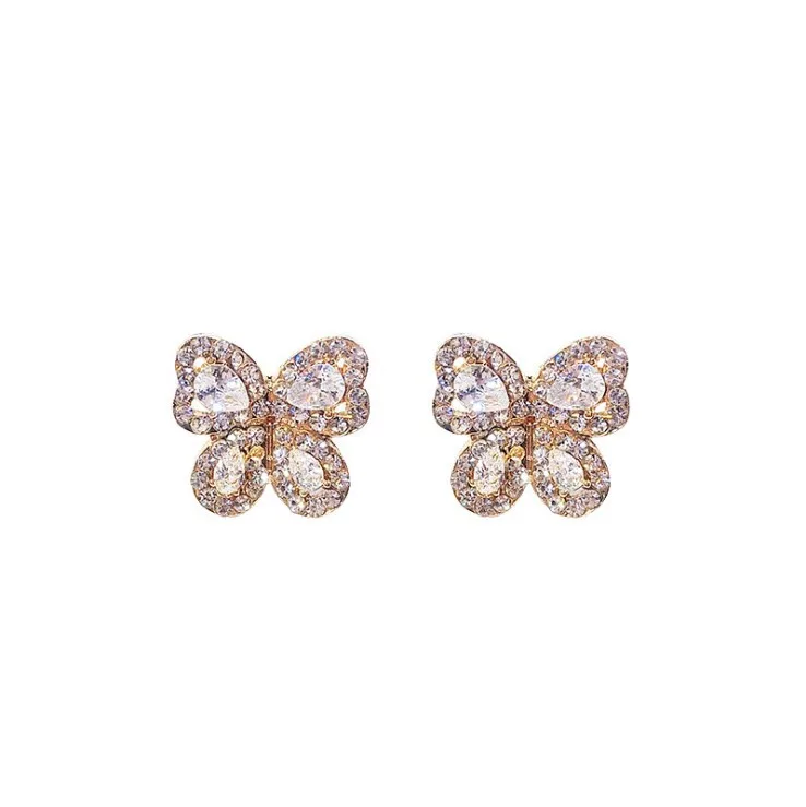 

Shiny Crystal Butterfly Stud Earrings Silver Color Needle Sparkling Bow Knot Ear Jewelry Zircon Women Party Luxury Jewelry, Gold, silver