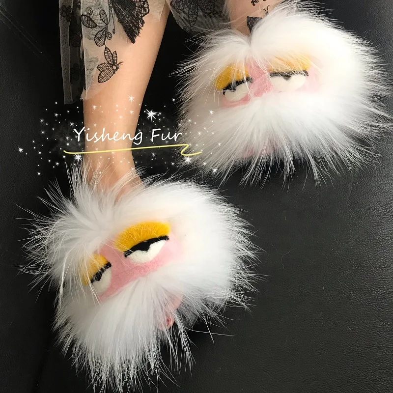 

Popular New Design Amazon Multicolor Fox Monster Fur Sandals Slides Slippers For women eyes styles, We can dyeing any color