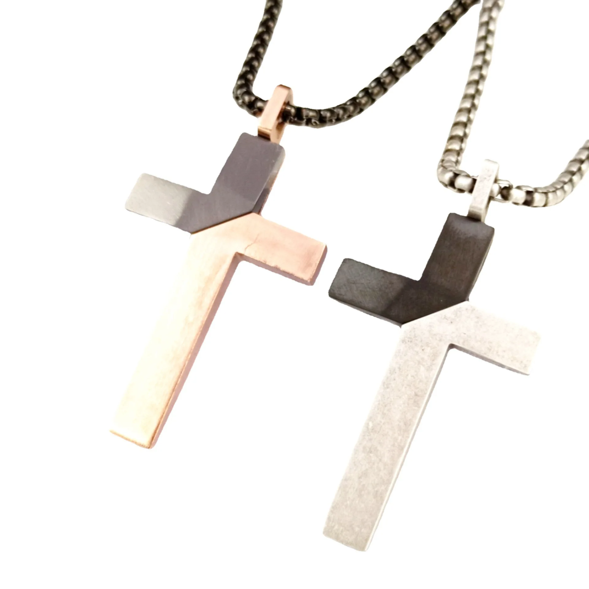 

Newest Fashion Style Christian Box Chain Necklace Cross Pendant Stainless Steel For Unisex, Gold and silver