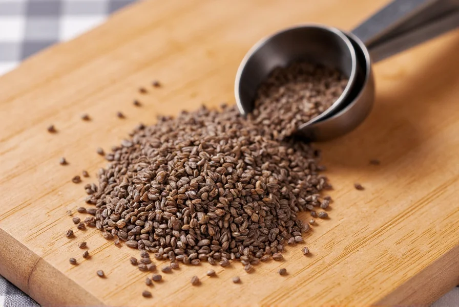 Close-up photography of caraway seeds on wooden cutting board with measuring spoons