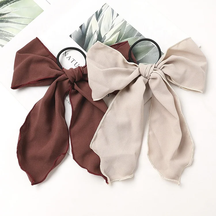 

New Hair girls Large Bowknot Rubber Band Solid Color Soft Chiffon Fabric Boutique Scrunchie Bows