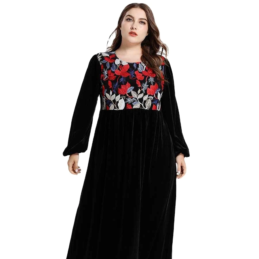 

Autumn and winter elegant literary large-size long-sleeved pleated floral embroidery large swing ladies gold velvet dress, Picture