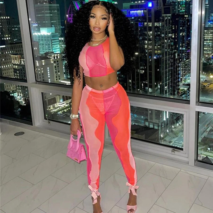 

Nibber K21S02003 Sleeveless Crop Top Mesh Patchwork 2 Piece Pants Set 2021 Women Breathable 2 Piece Set, Picture color