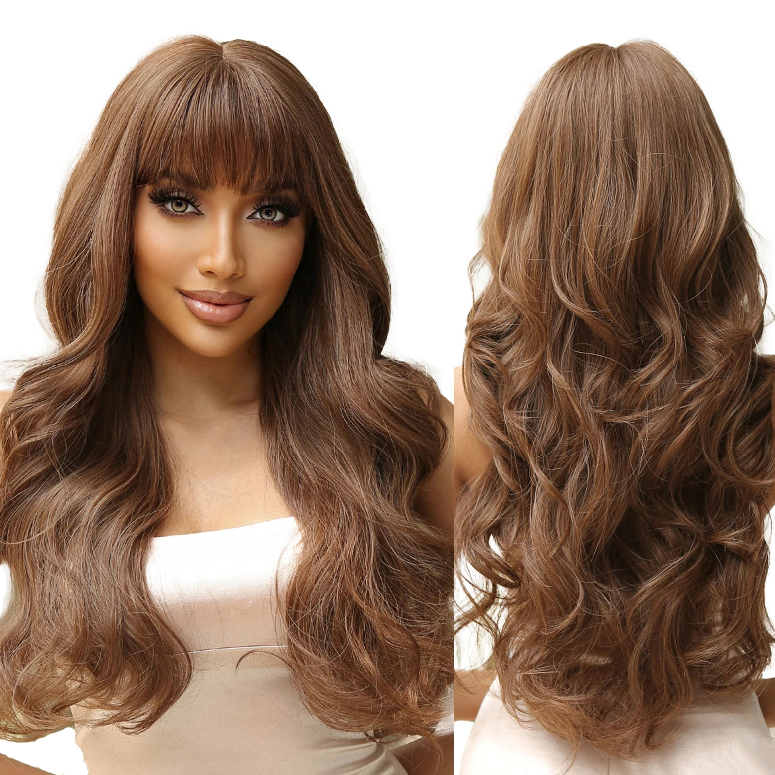 Factory Wholesale Price Synthetic Chestnut Brown Long Curly Wigs with Bangs for Black Women Wavy Natural Looking Wig