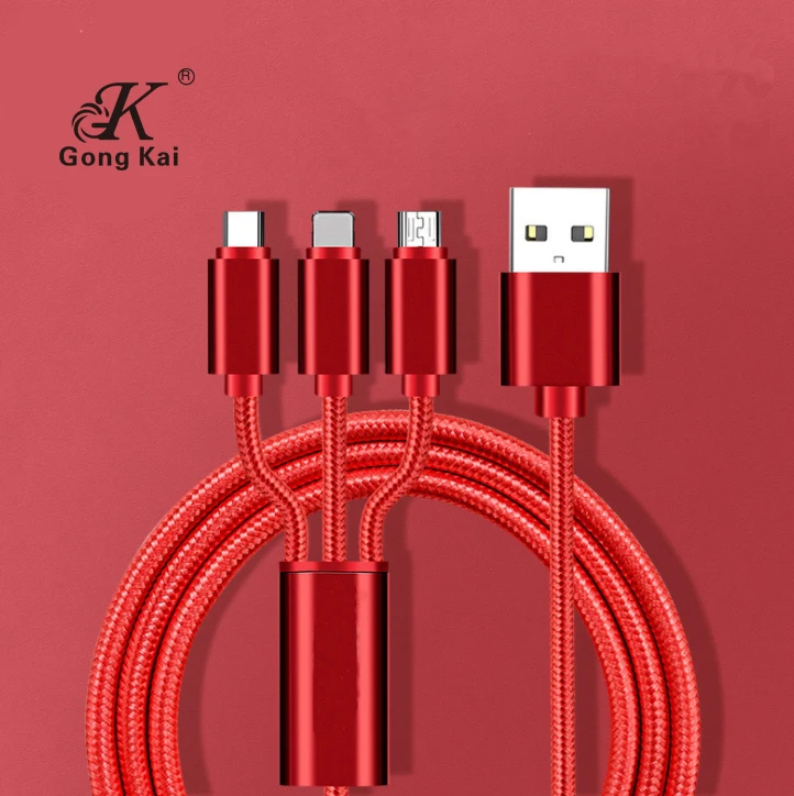 

high quality 2A 1.2M Cost effective high quality hot selling recommendation braided types 3 in 1 usb cable for smart phone, Colorful