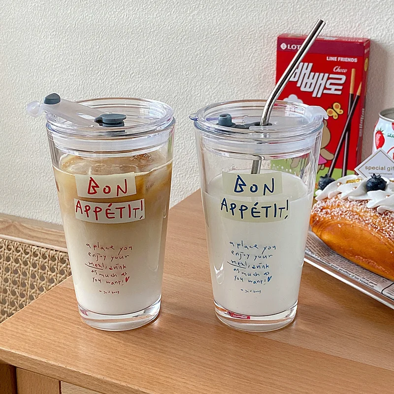 

Lelyi Korean simple ins glass cup with straw large capacity letter water cup, As shown