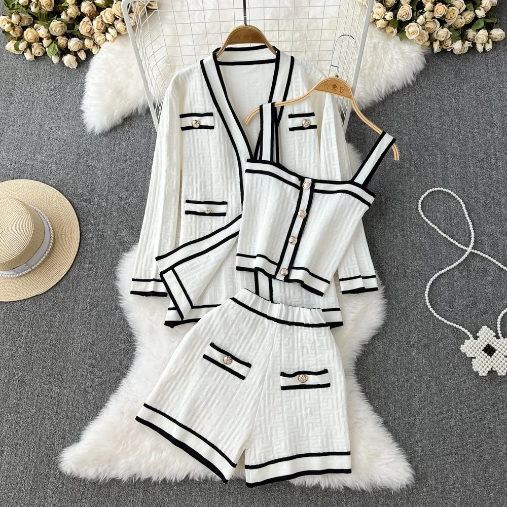 

Women's Knitted Set 2023 Spring New Knitted Cardigan Short Cropped Pants Casual 3 Piece Set Fashion Loose Top And Pants Set